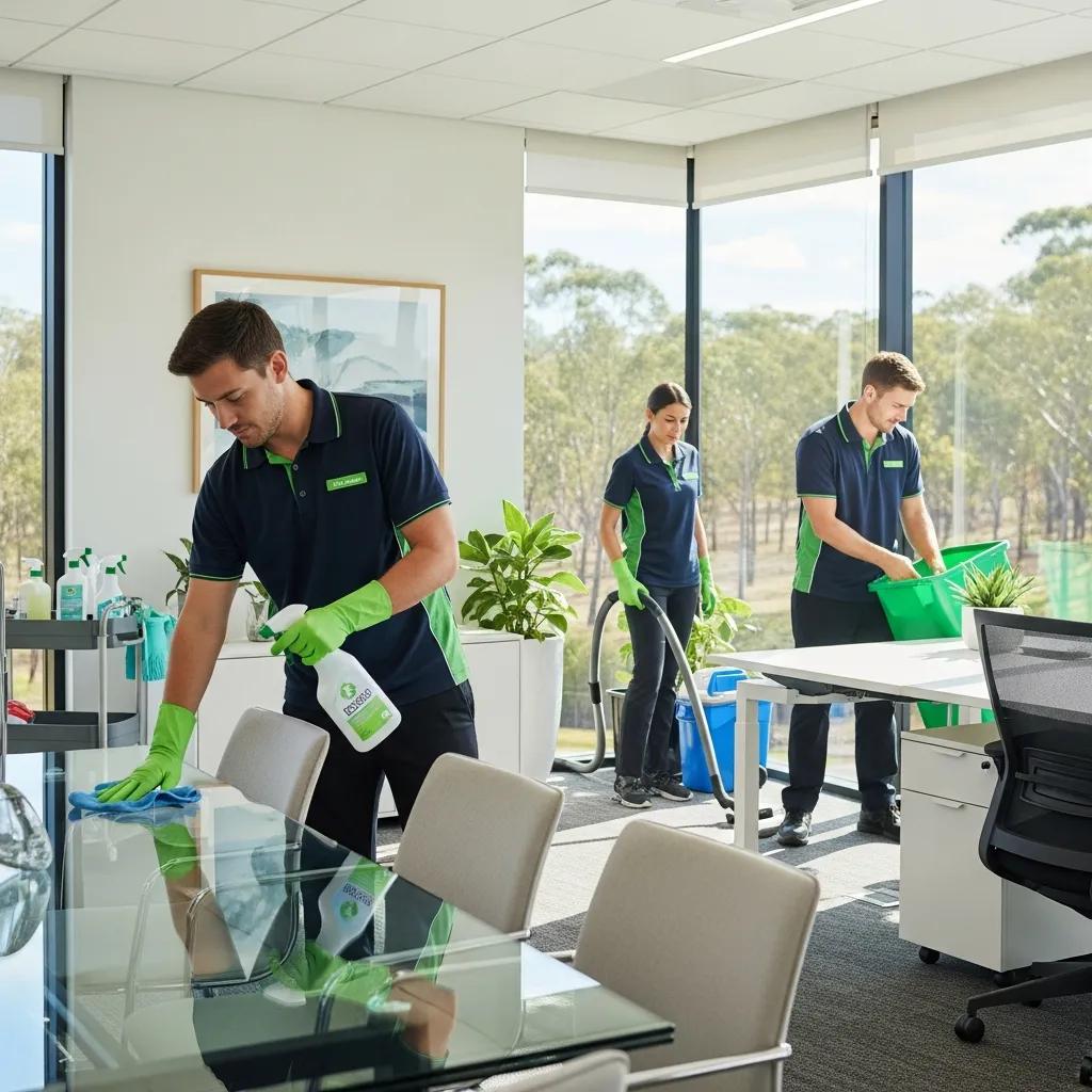 Professional cleaning team in a Booroobin office, highlighting commercial cleaning services and eco-friendly practices