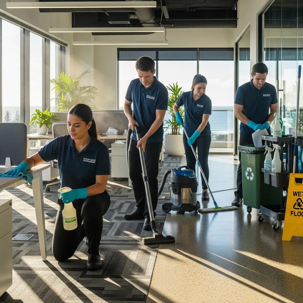 Professional cleaning team in a Maroochydore office, highlighting commercial cleaning services