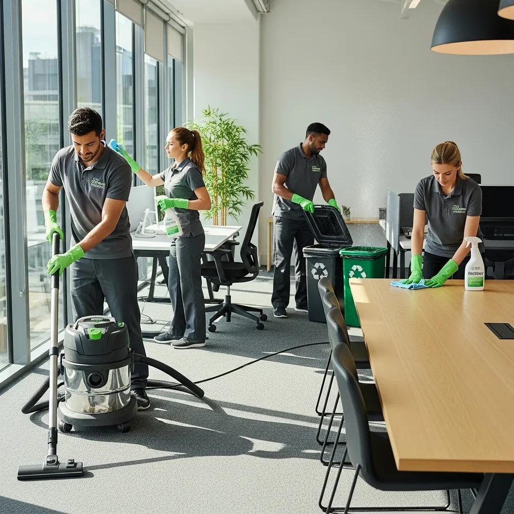 Professional cleaning team maintaining a modern office, emphasizing the importance of cleanliness for productivity