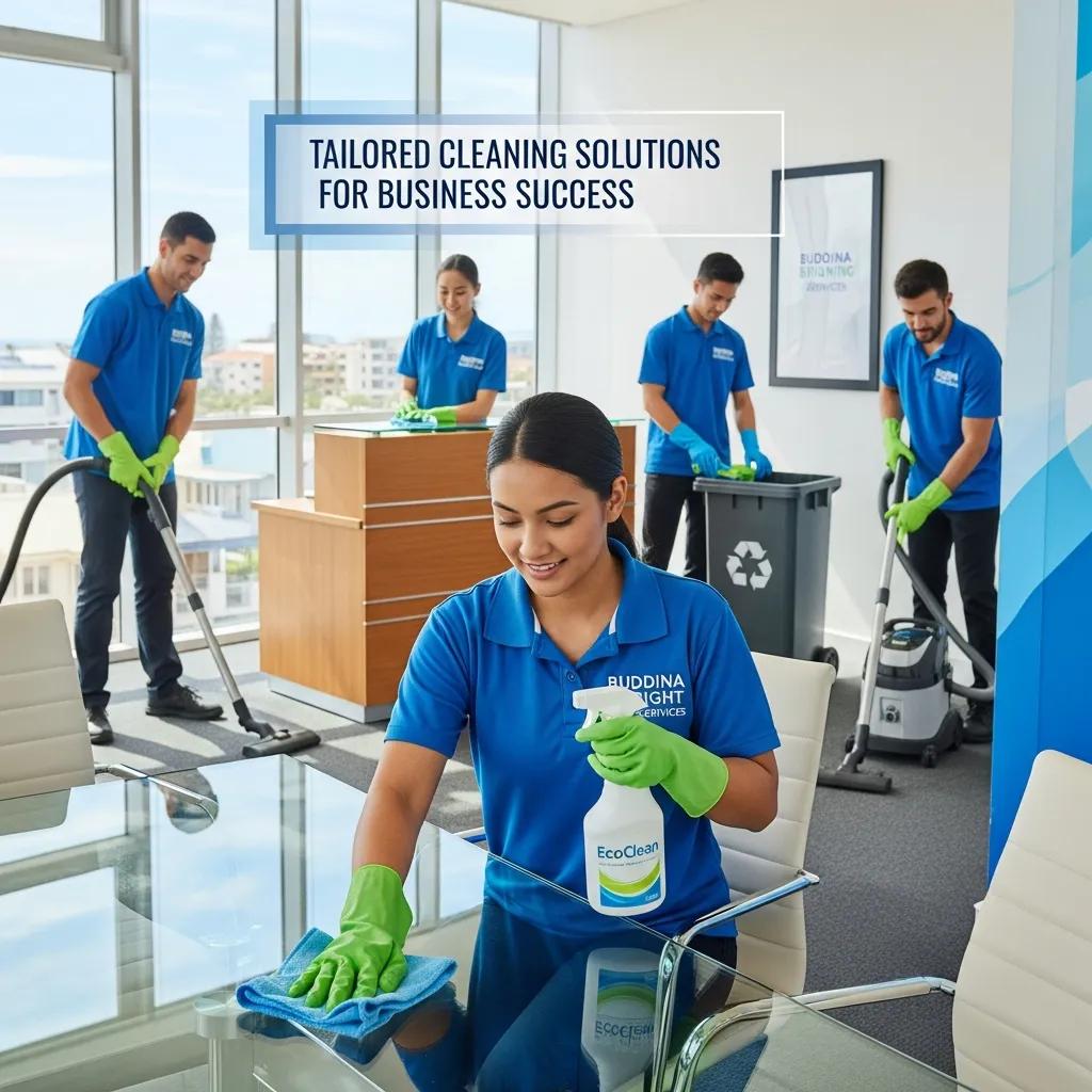 Professional cleaning team using eco-friendly products in a Buddina commercial space