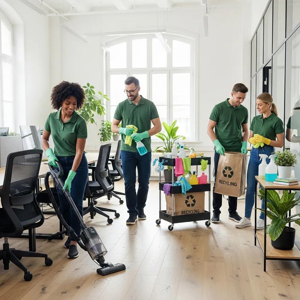 Professional cleaning team using eco-friendly products in a modern office setting