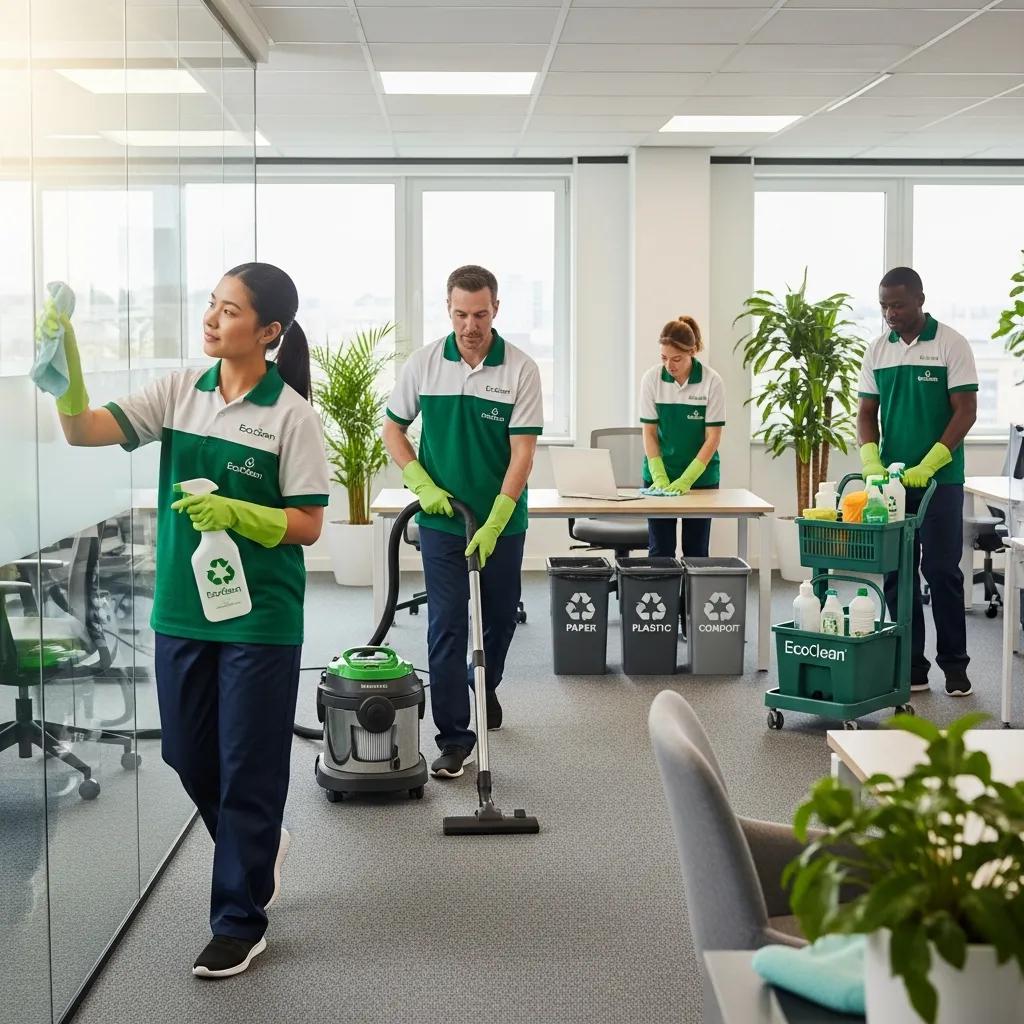 Professional cleaning team using eco-friendly products in a modern office setting