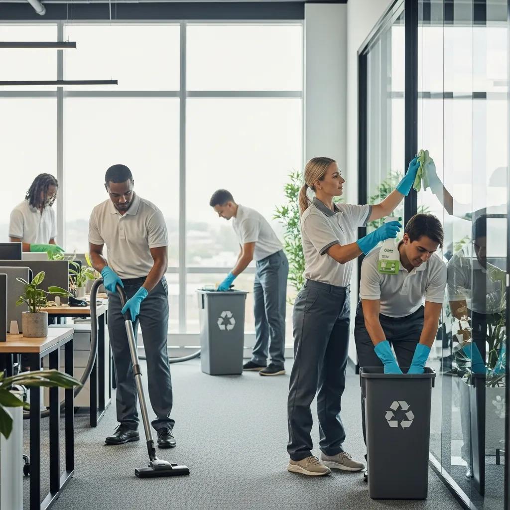 Professional cleaning team using eco-friendly products in a modern office setting