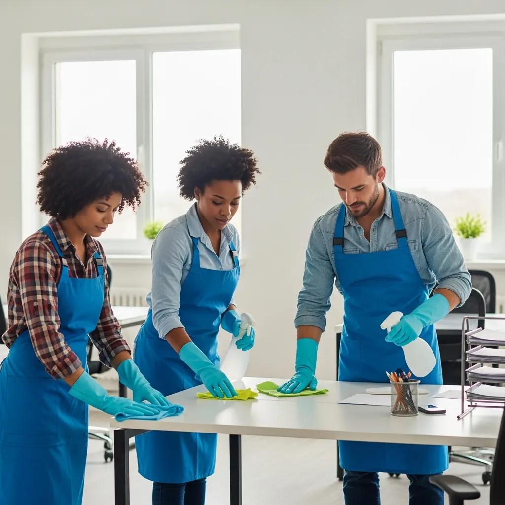 Professional commercial cleaning team using eco-friendly products in a modern office