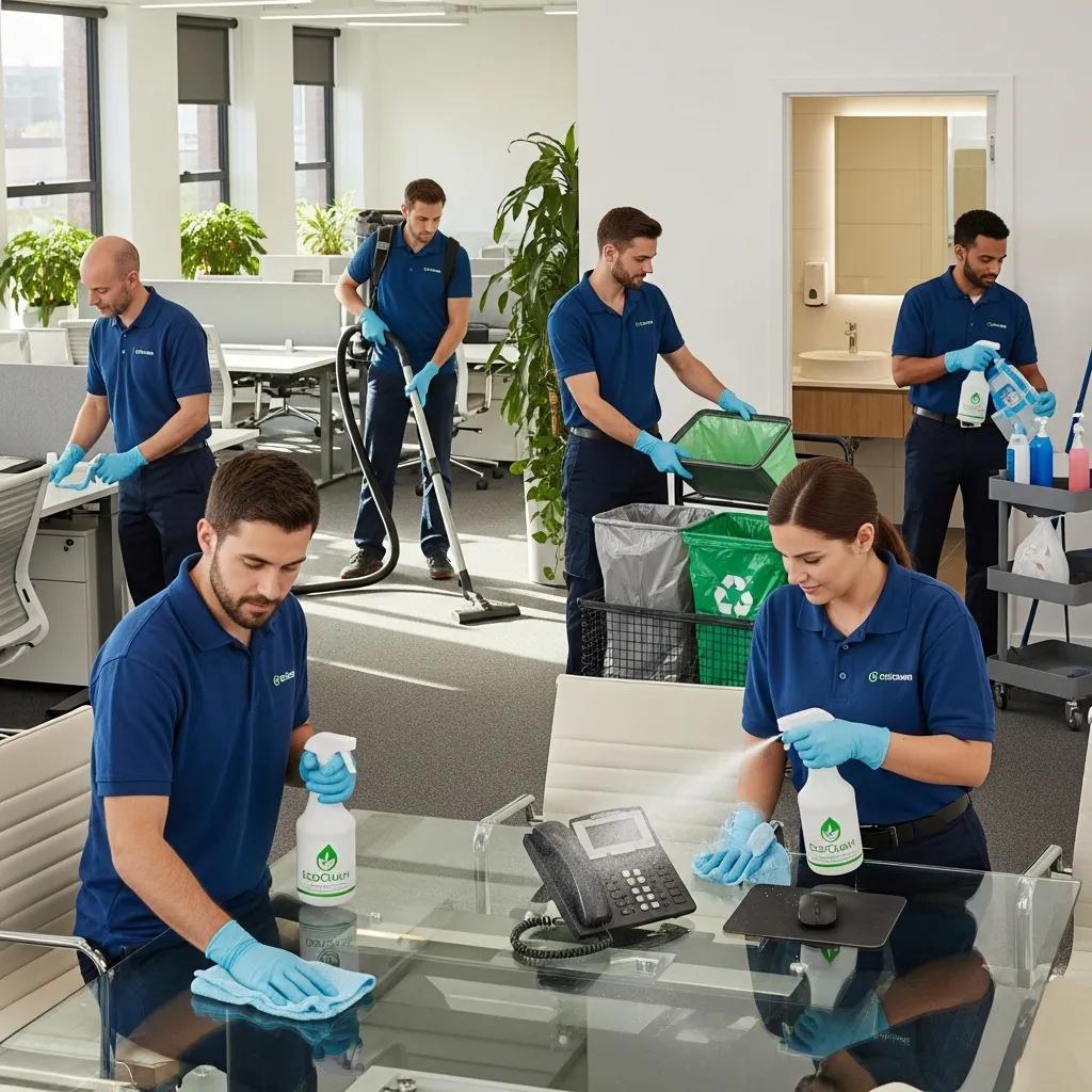 Professional commercial cleaning team using eco-friendly products in a modern office