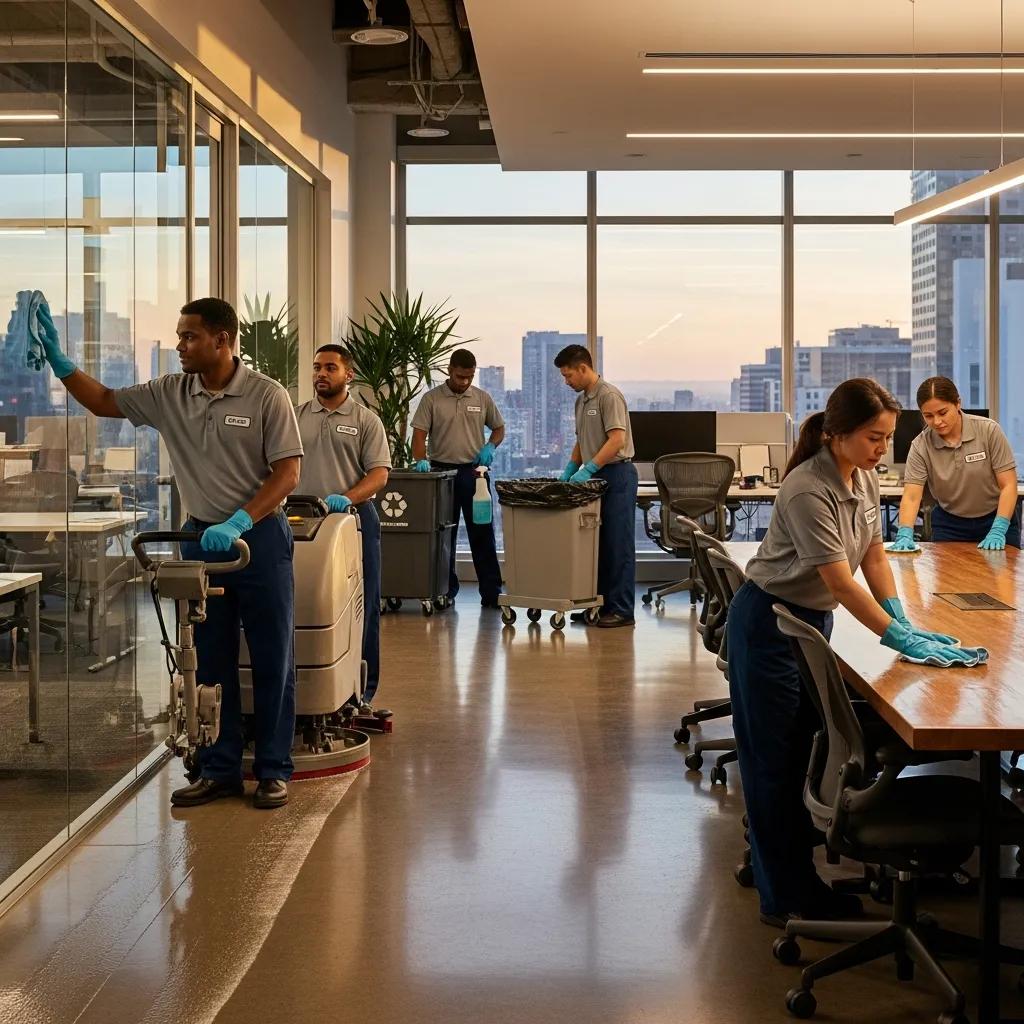 Professional commercial cleaning team working in a modern office environment