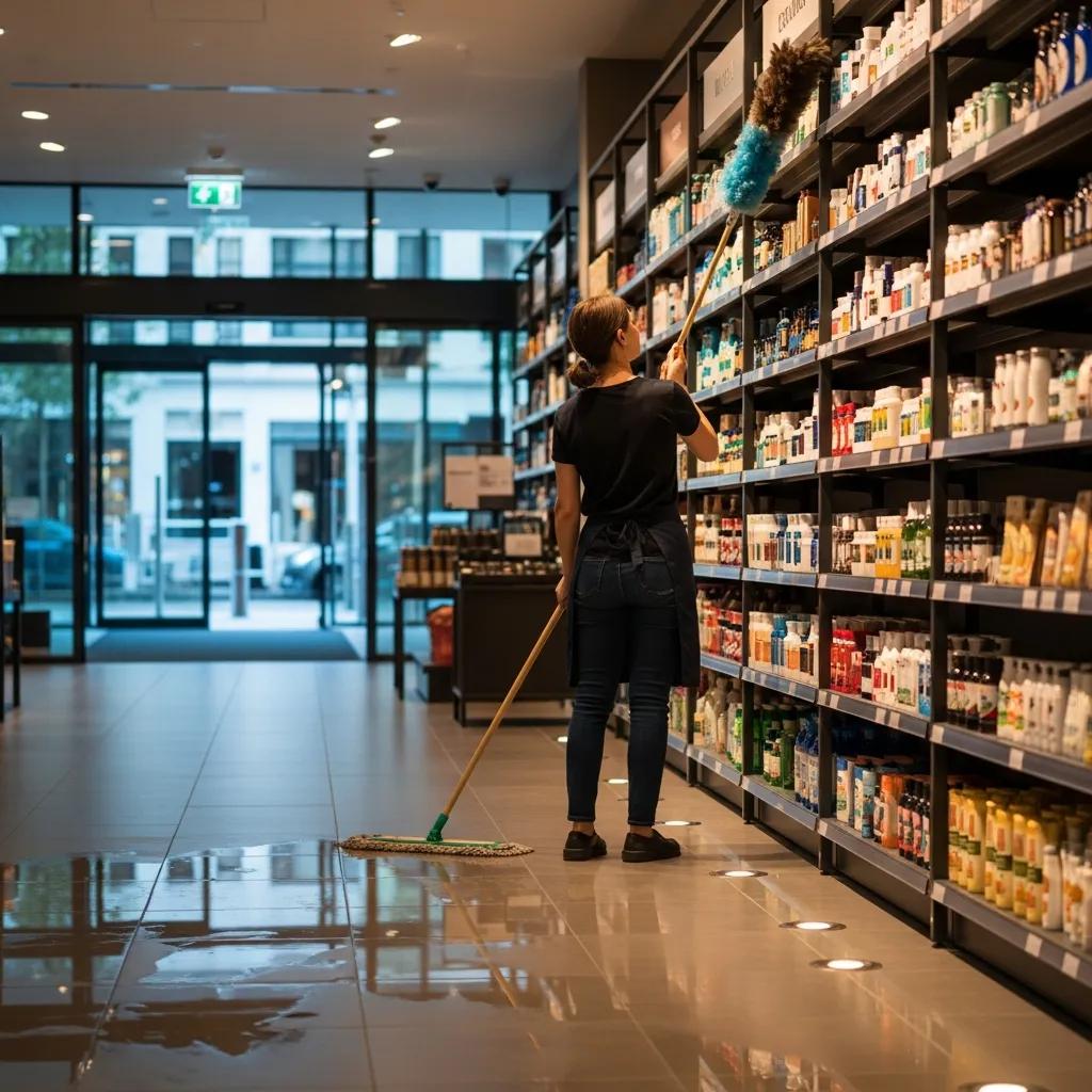 Retail cleaning in progress, showcasing a clean and organized shopping environment