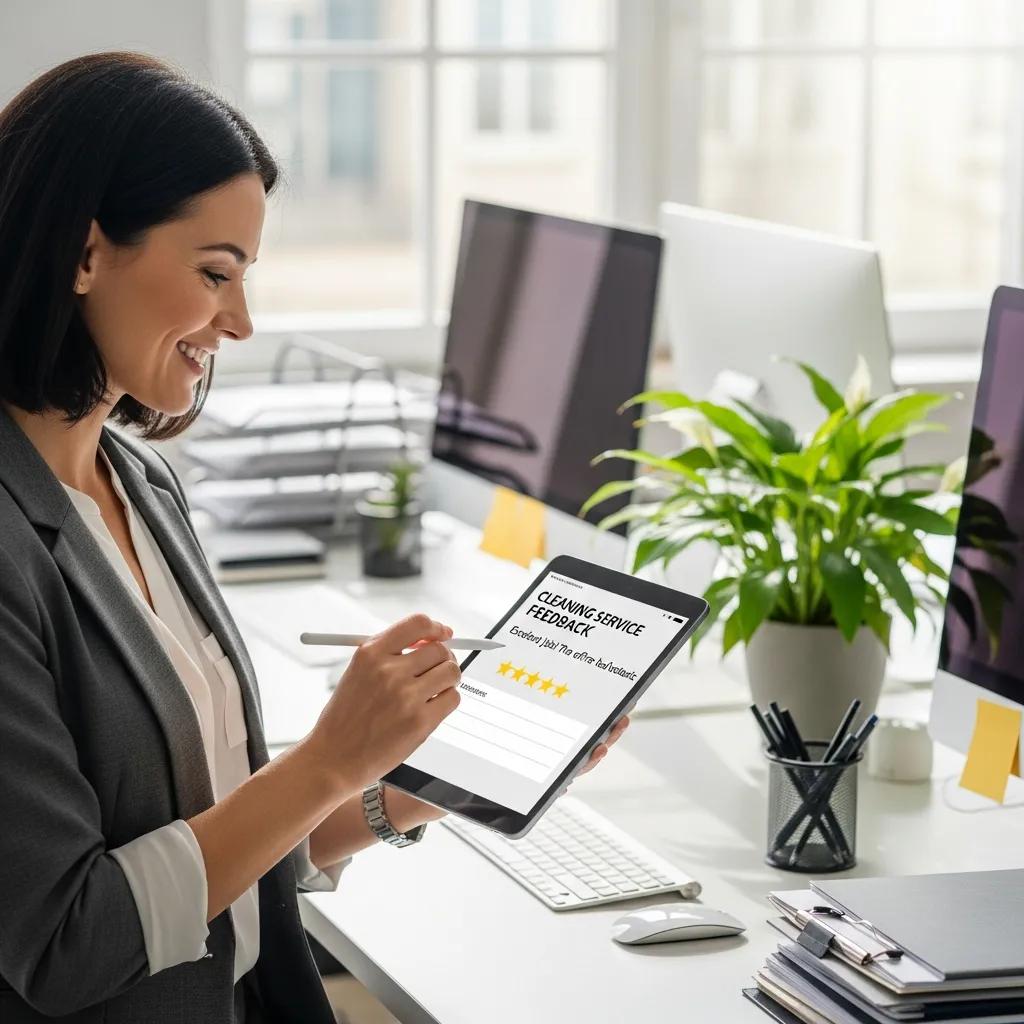 Satisfied client giving feedback on cleaning in a modern office