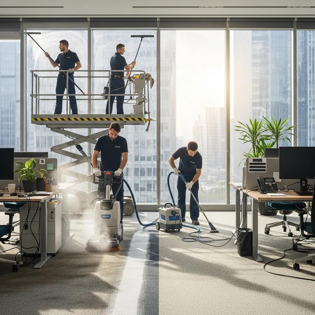 Specialized cleaning service performing carpet cleaning and window washing in a commercial space