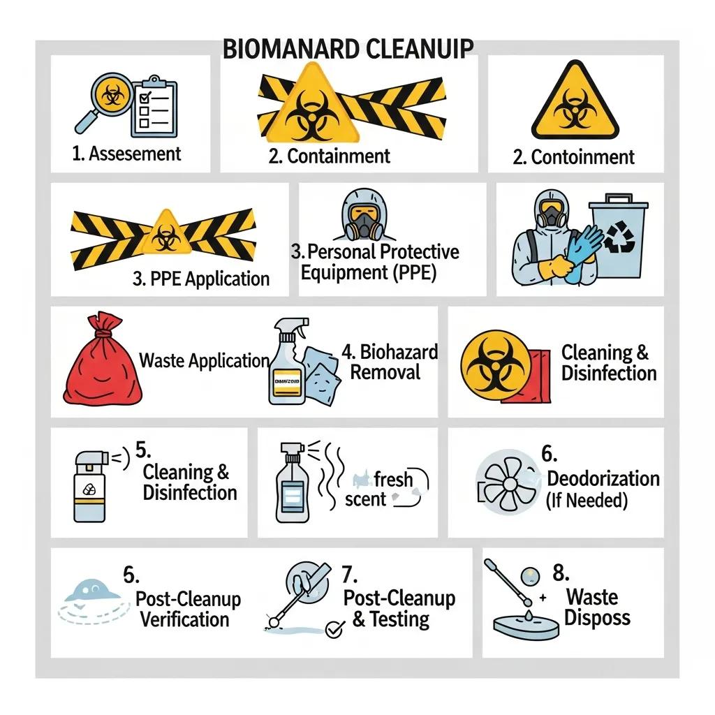 Step-by-step visual guide of the biohazard cleanup process from assessment to validation