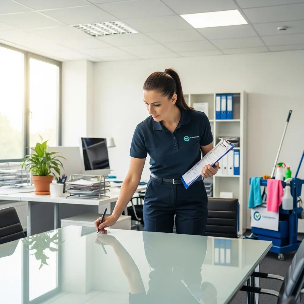 Supervisor inspecting office cleanliness with a checklist for quality control