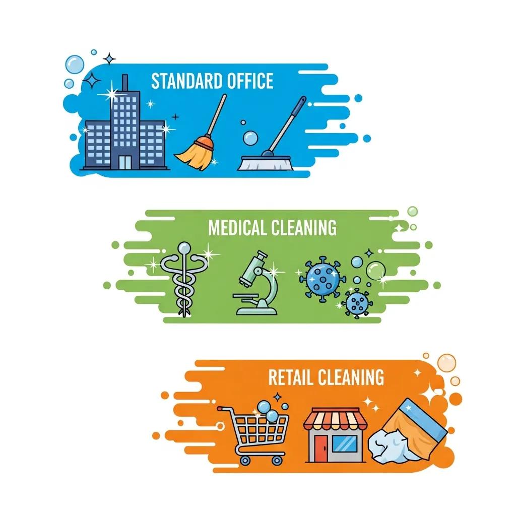 Illustration showing common commercial cleaning service types and local rate ranges