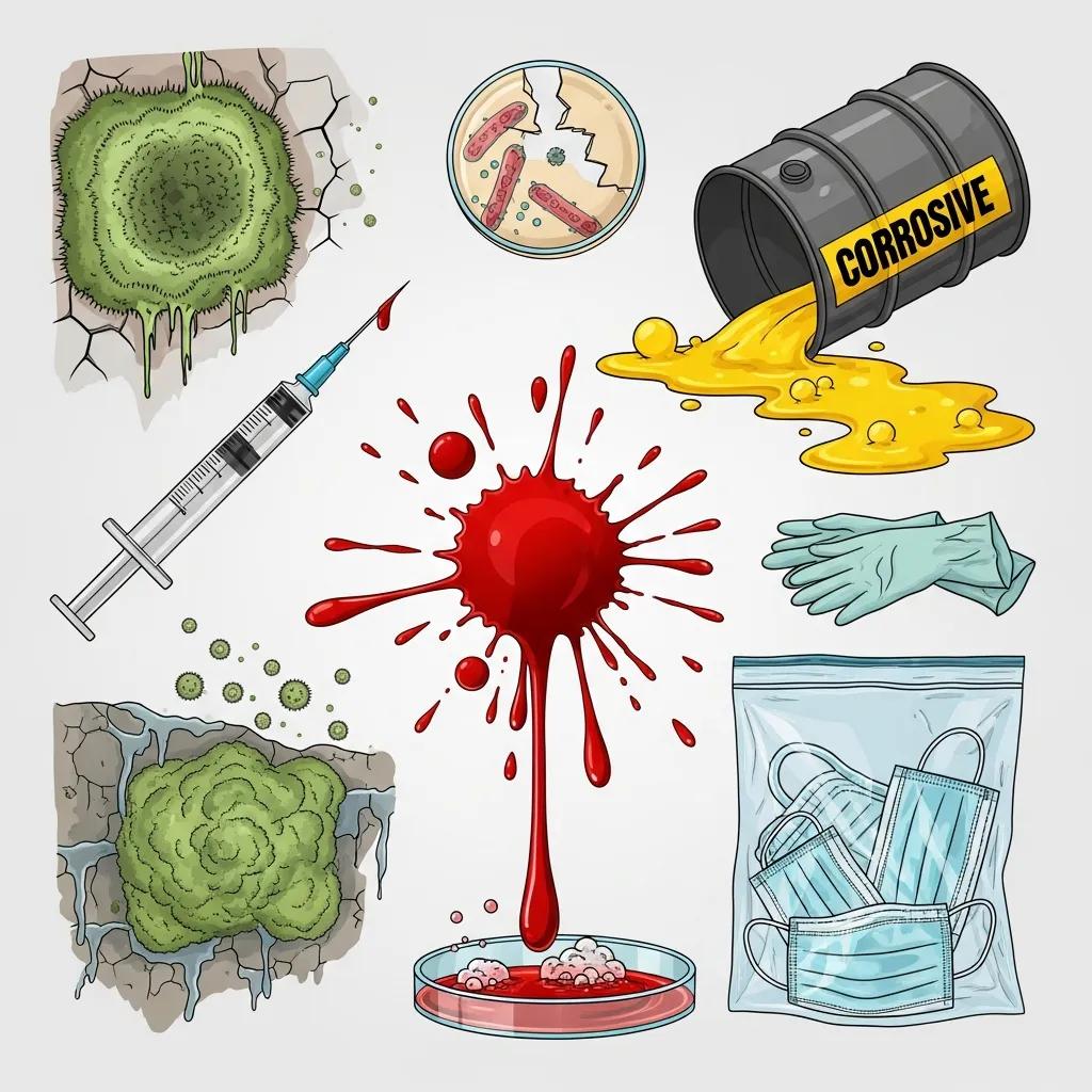 Visual representation of different types of biohazards including blood, mould, and chemical spills