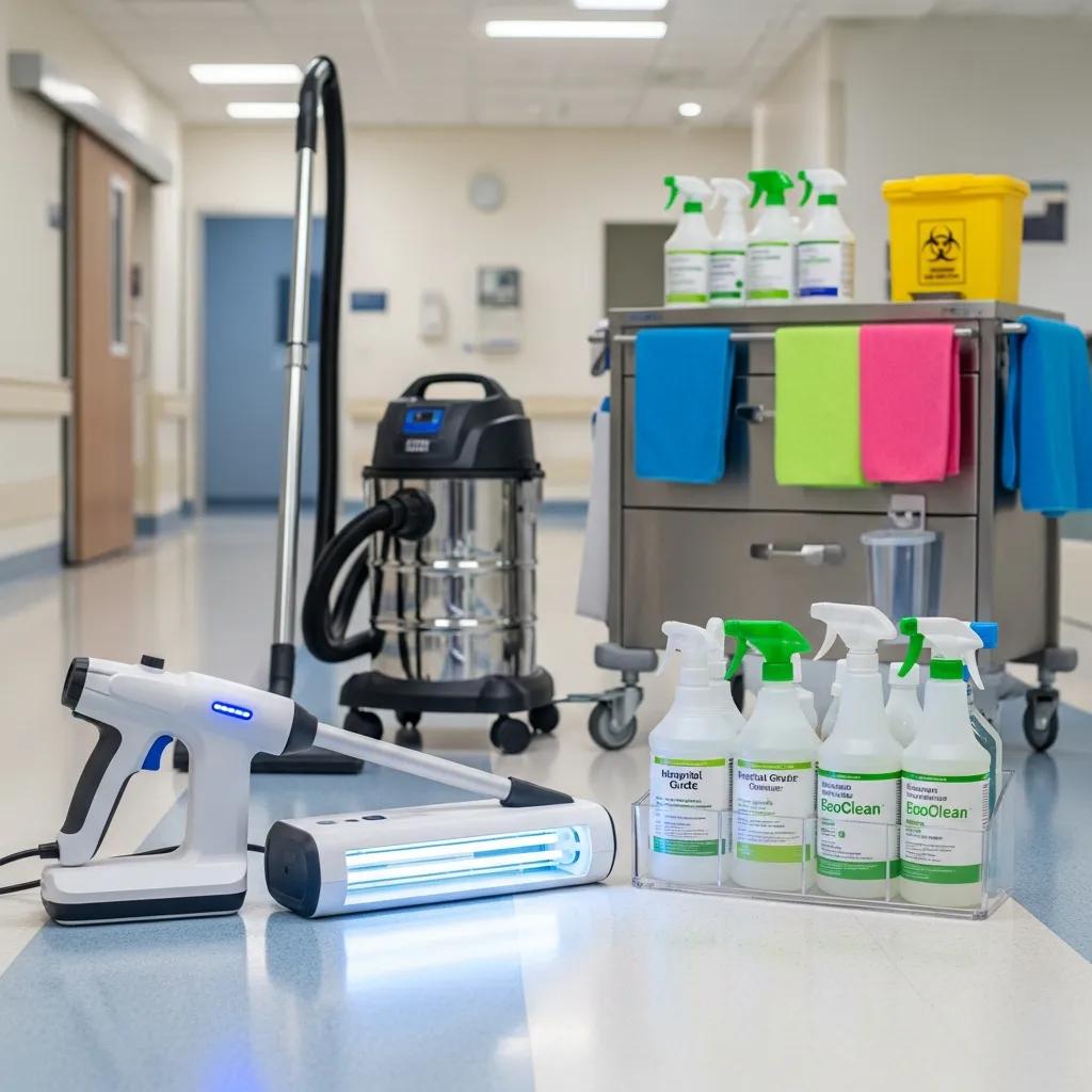 Specialised cleaning equipment and eco‑friendly products used in medical cleaning