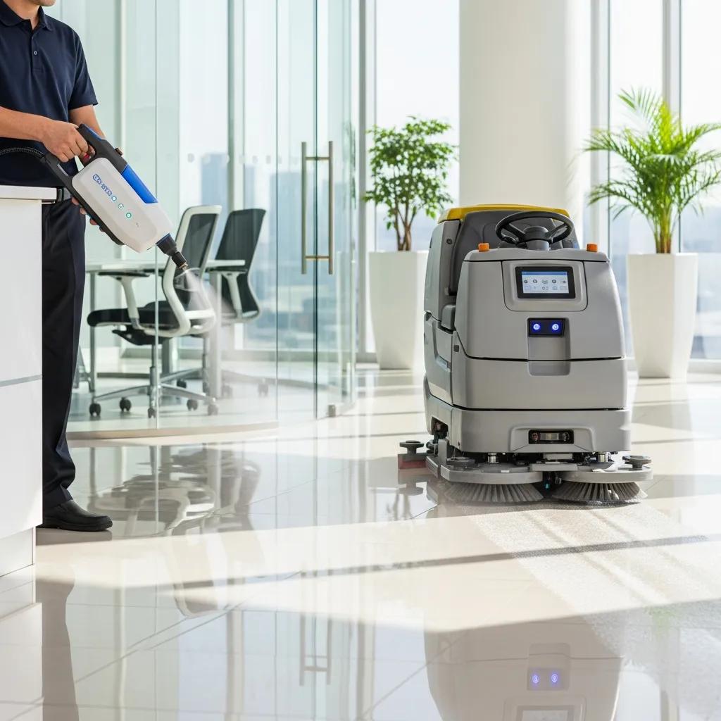 Electrostatic sprayers and an autonomous scrubber being used in a commercial space