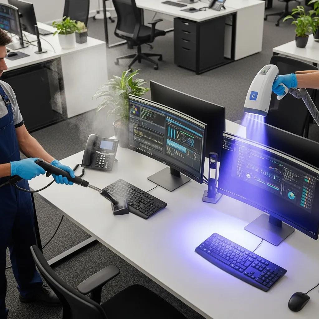 Demonstration of steam cleaning and UV-C disinfection used in an office setting