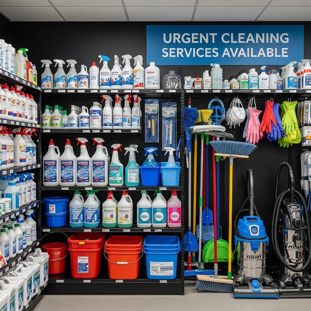 Cleaning supplies and equipment laid out to show the range of urgent commercial cleaning services