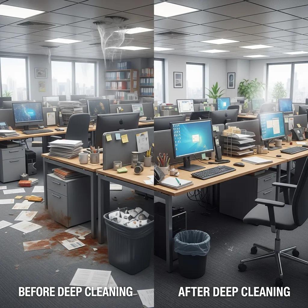 Before-and-after comparison illustrating the benefits of deep office cleaning