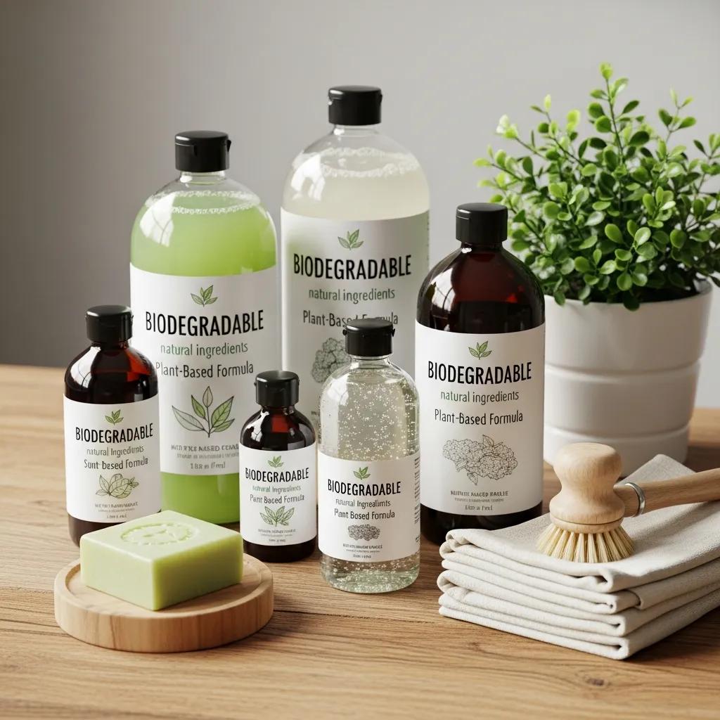 Shelf of biodegradable cleaning products with eco-friendly labelling