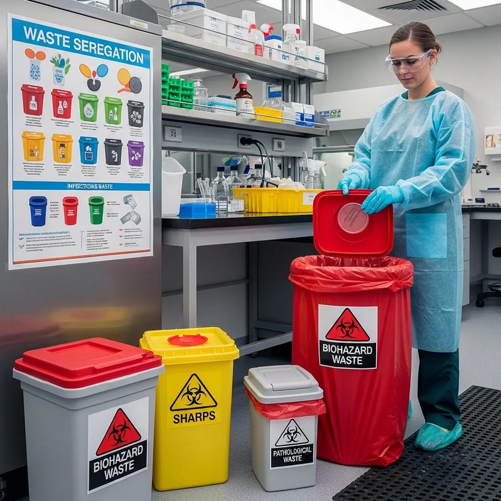 Biohazard waste management area in a diagnostic lab with labeled containers and safe handling practices