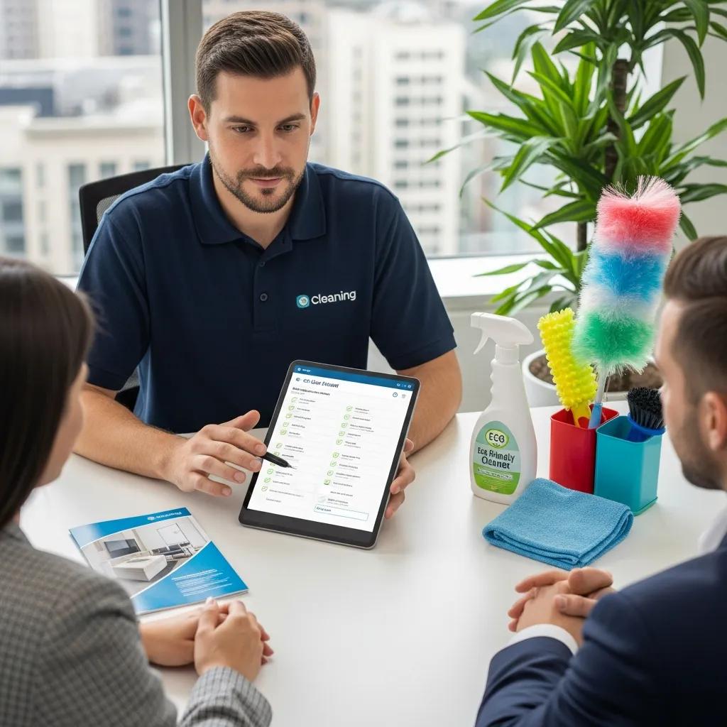Manager and cleaning specialist reviewing a tailored cleaning plan