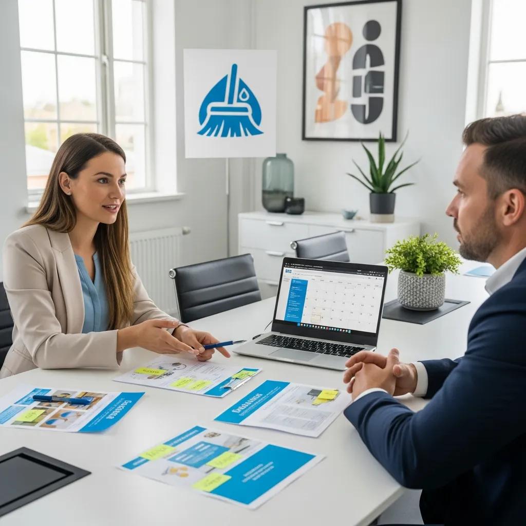 Two businesspeople discussing cleaning contract options — flexible versus long-term