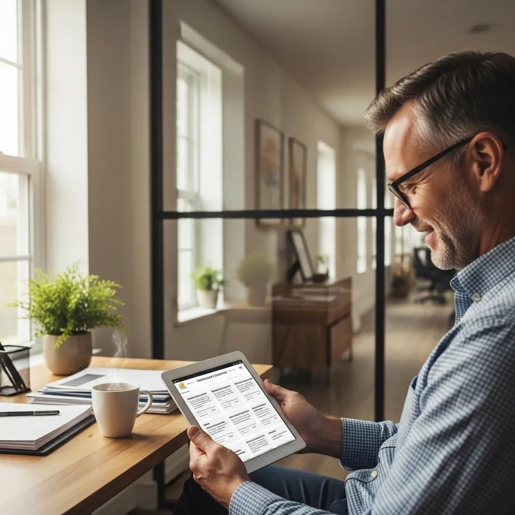 Business owner reading customer testimonials in a well-maintained office