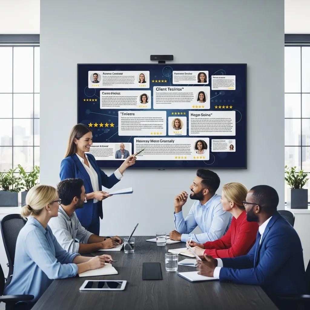 Colleagues reviewing testimonials and case notes to show how client feedback builds trust in commercial cleaning