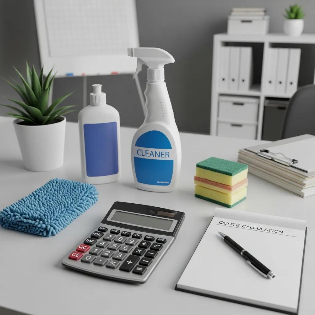 Calculator next to cleaning supplies — illustrating how cleaning quotes are calculated