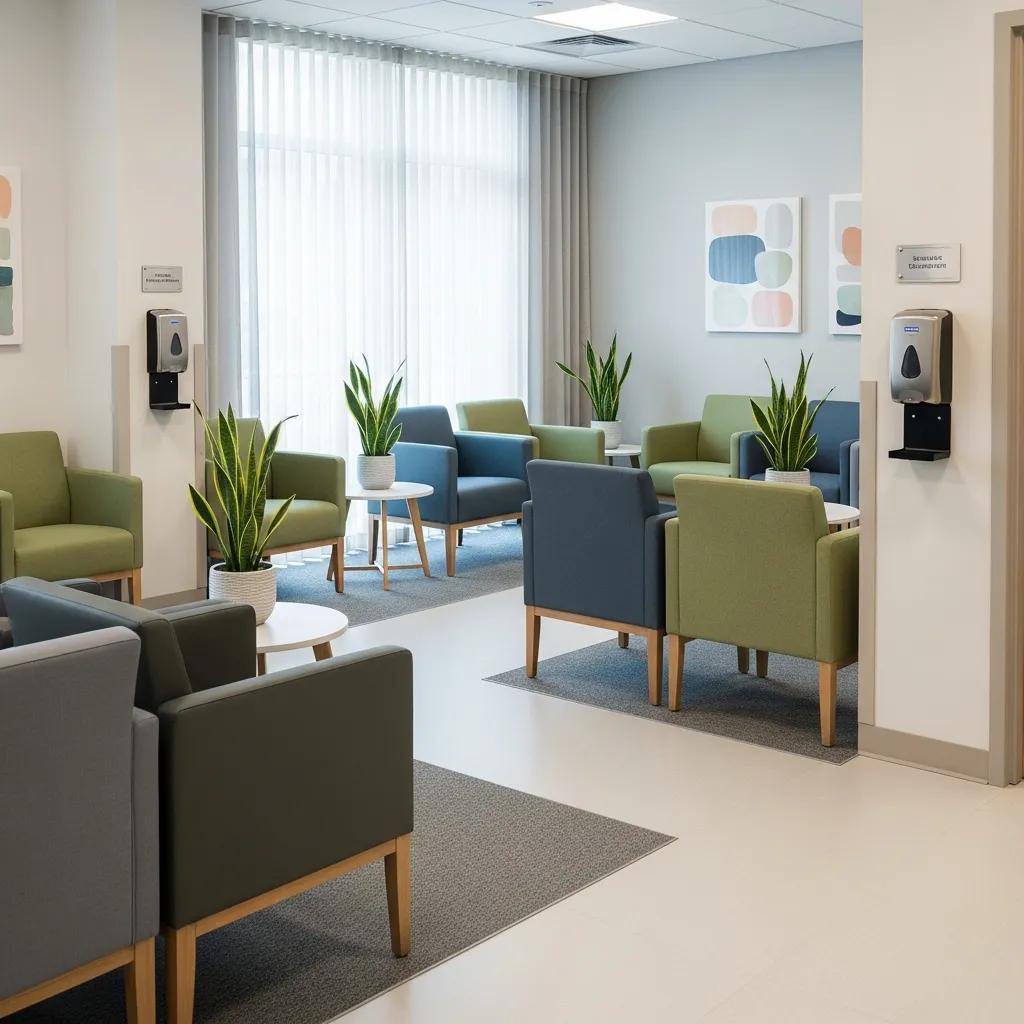 Clean and inviting waiting area in a mental health clinic, emphasizing comfort and hygiene