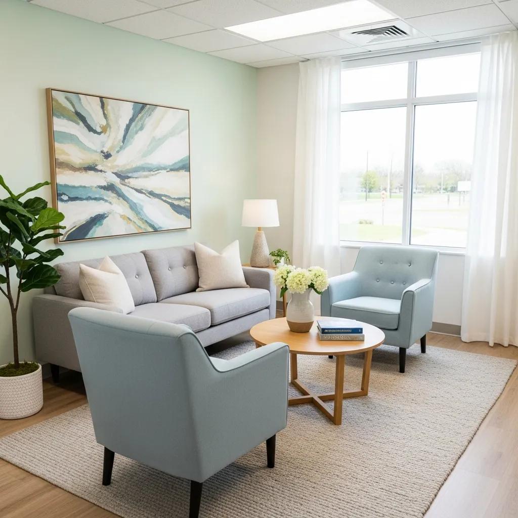 Clean and serene therapy room in a mental health clinic, emphasizing tranquility and professionalism
