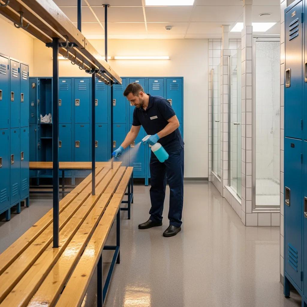 Clean locker room with staff member disinfecting surfaces, emphasizing hygiene maintenance in fitness facilities