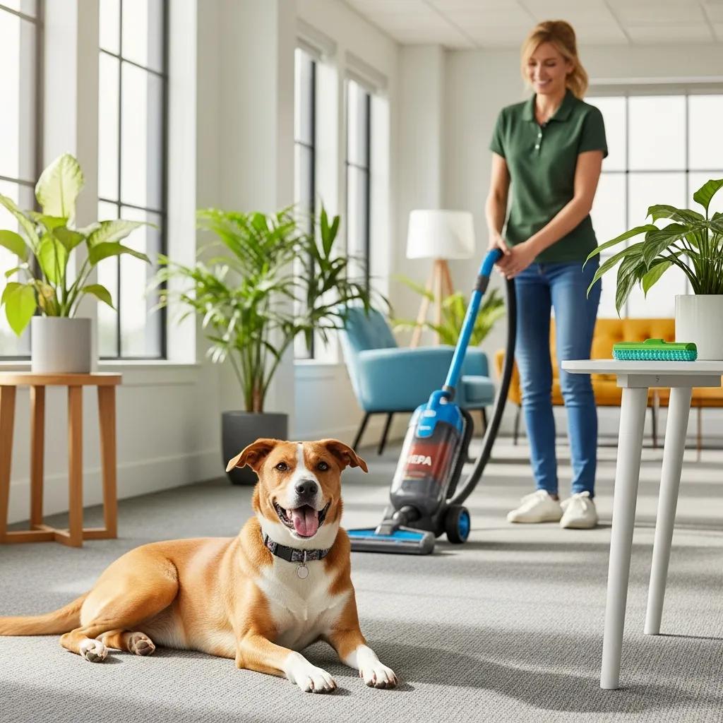 Clean office environment with a happy dog and pet-friendly cleaning products, emphasizing safety and hygiene