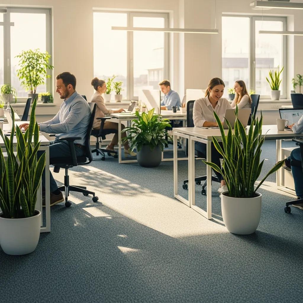 Clean office environment with fresh carpets and happy employees, highlighting improved indoor air quality