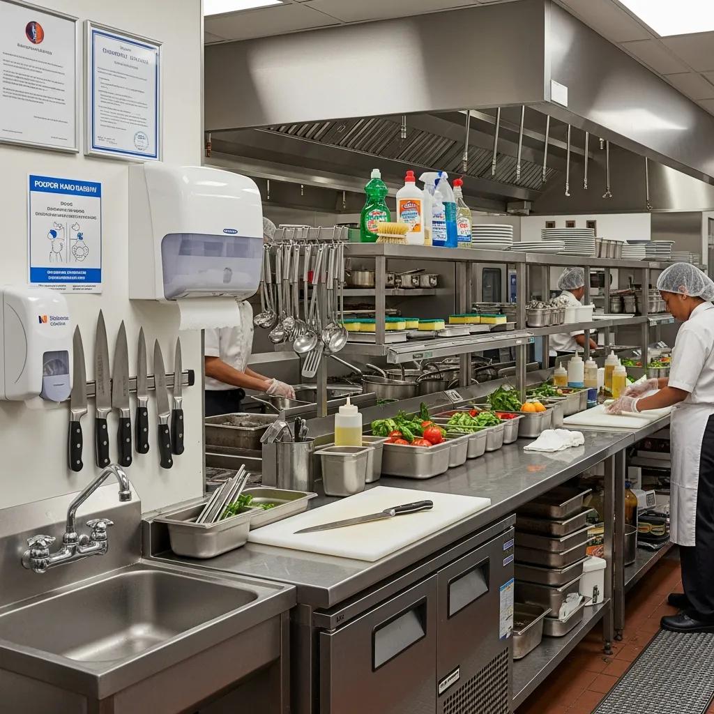 Clean restaurant kitchen showcasing high hygiene standards and compliance with food safety regulations