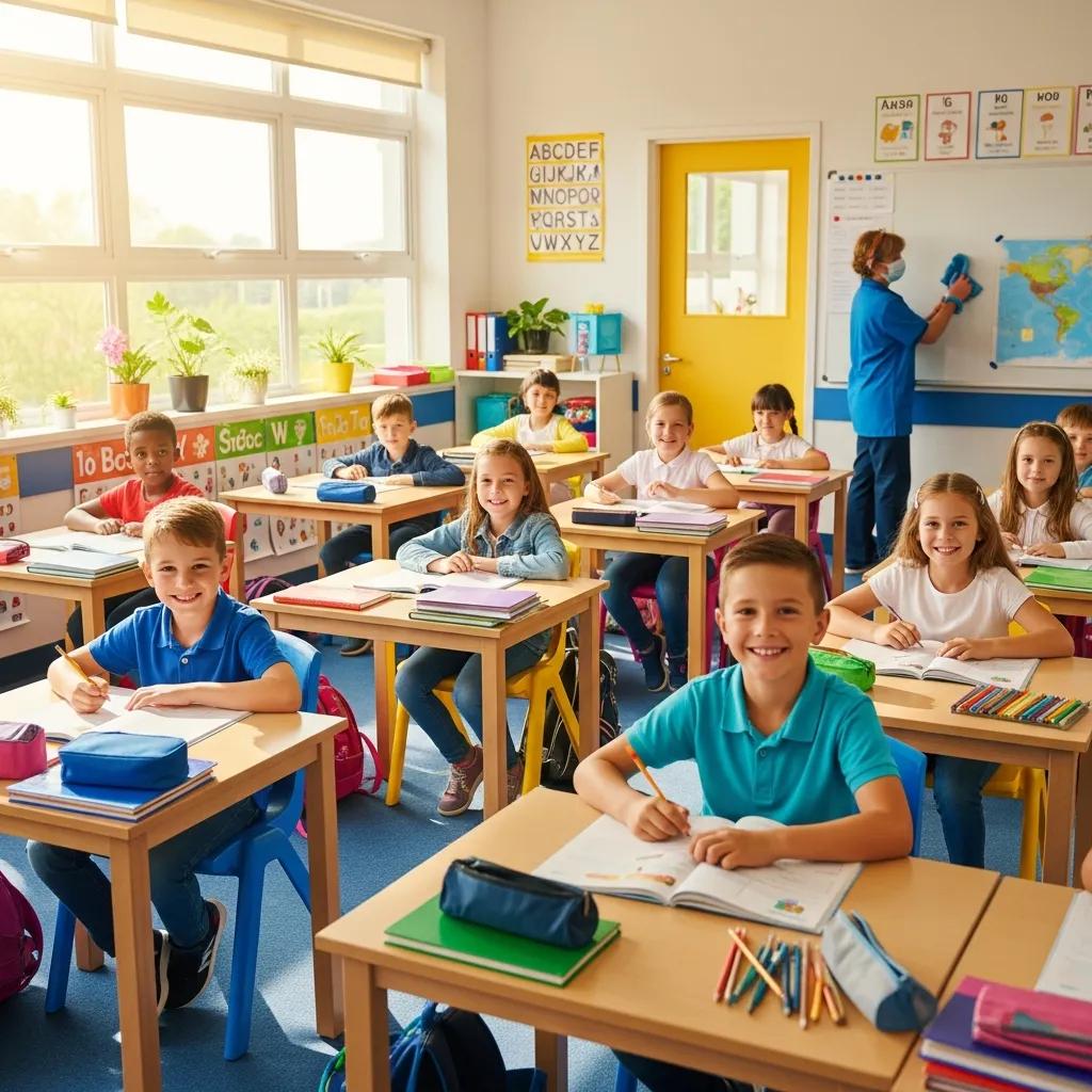 Clean school environment with students in a classroom, highlighting the importance of school cleaning standards