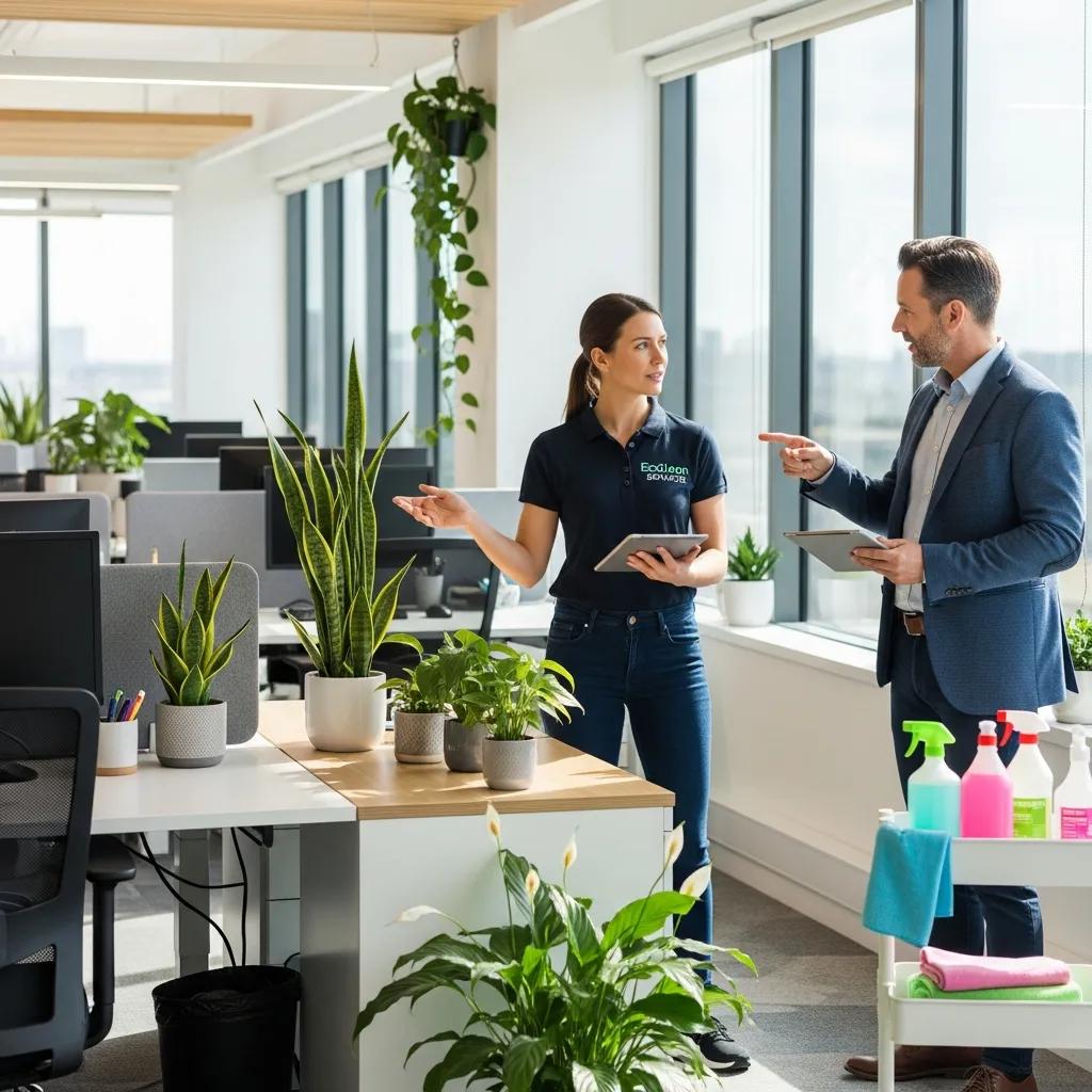 Cleaner evaluating a corporate office to create a sustainable cleaning plan