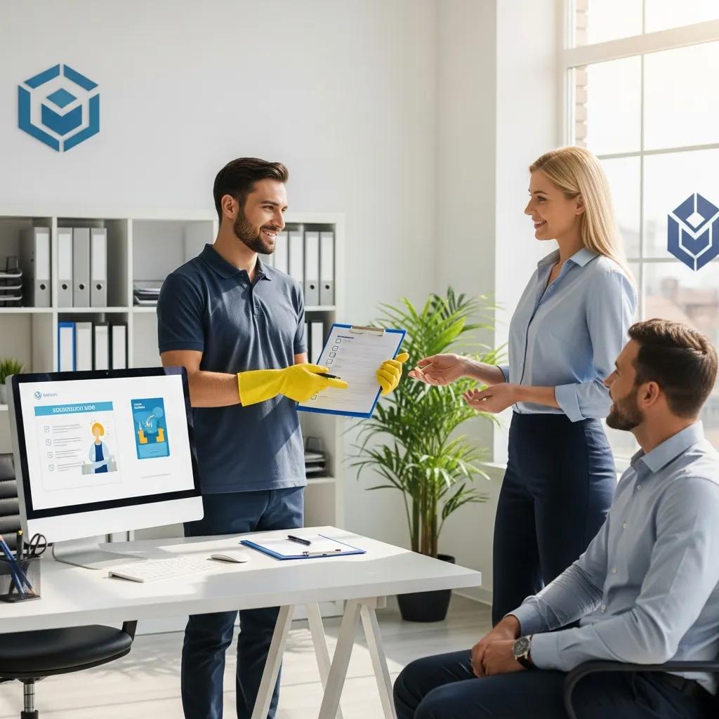 Team member explaining cleaning routines to a local business owner in a tidy office