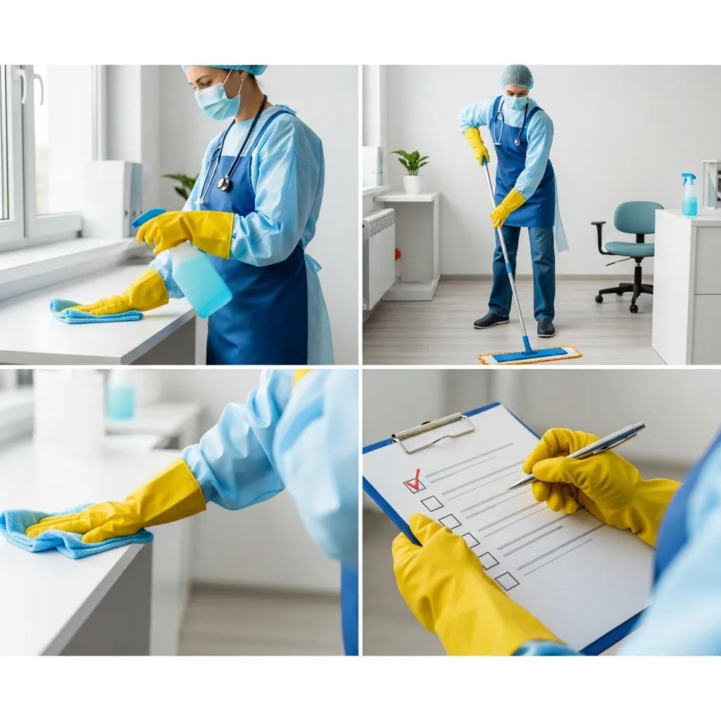 Cleaner using a checklist during a clinical cleaning service