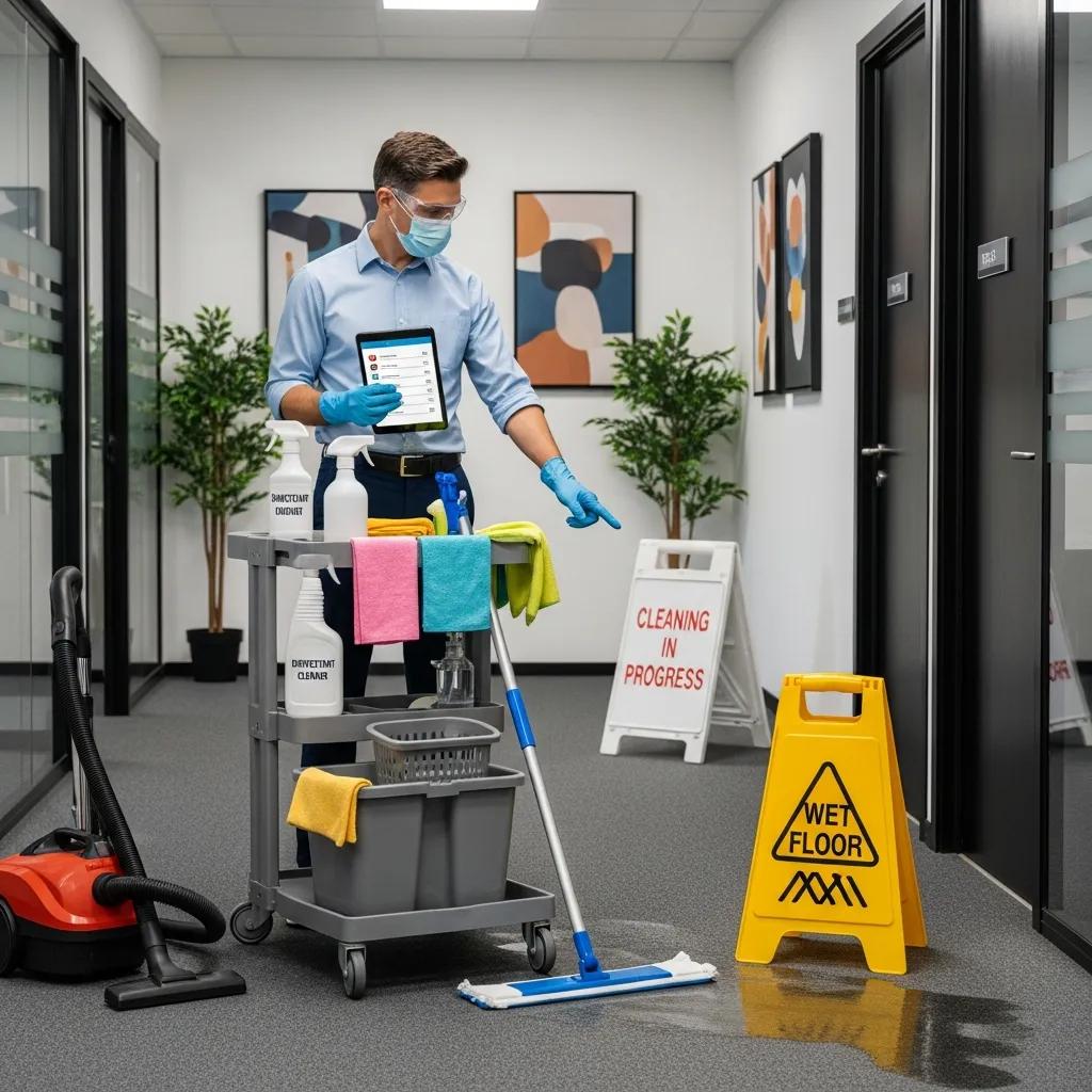 Cleaner wearing PPE and following safety procedures in an office