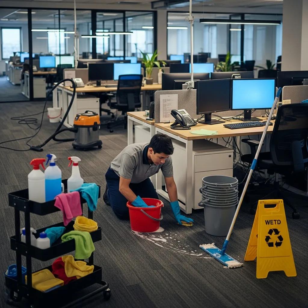 Cleaner performing a deep clean in an office, with supplies and equipment visible