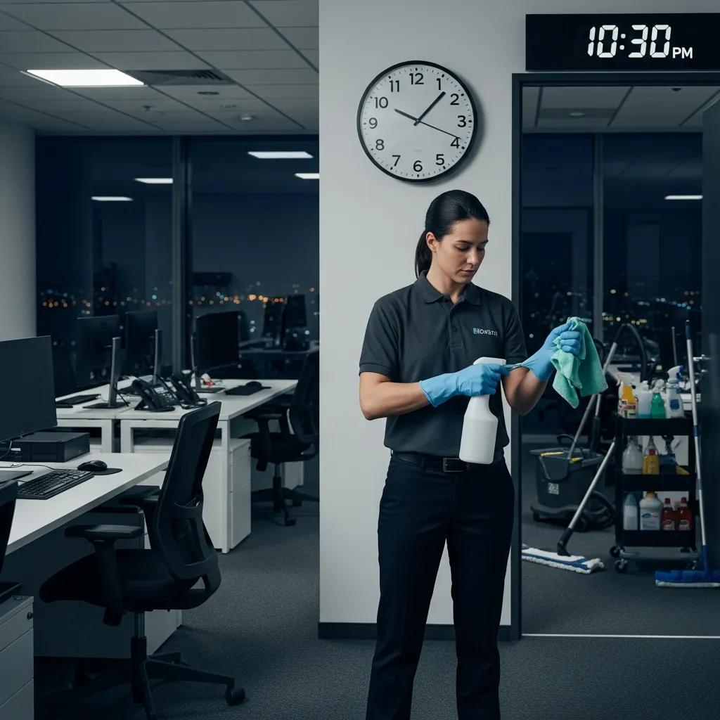 Cleaner preparing for a night shift in an office, illustrating flexible scheduling