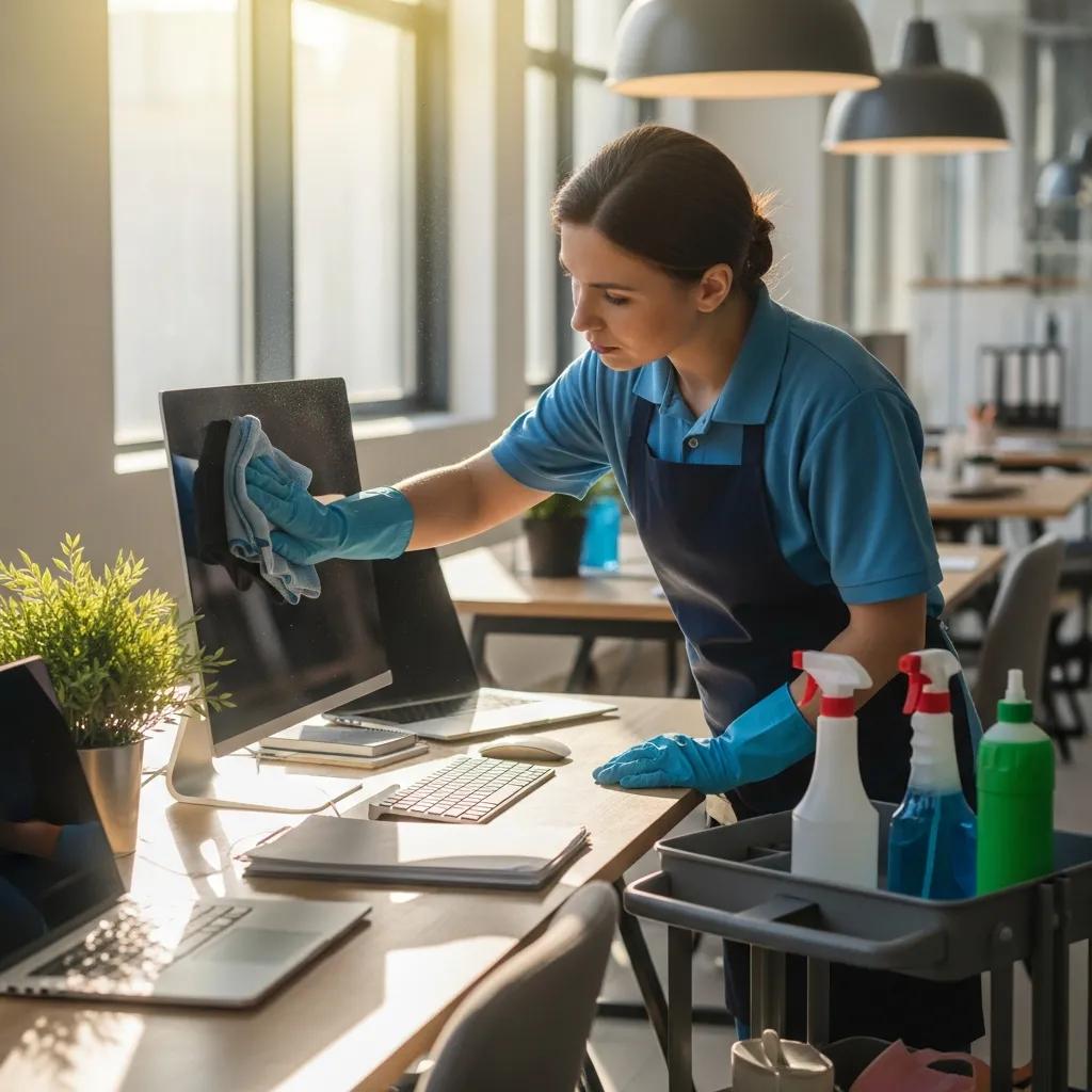 Cleaner sanitising an office desk in Minyama — keeping workspaces professional and healthy