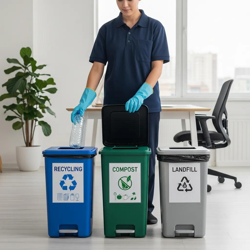 Cleaner sorting waste into recycling, compost, and landfill bins in a sustainable office setting