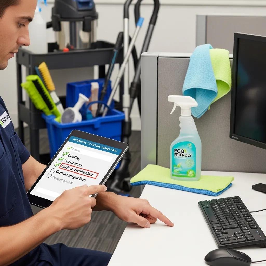 Cleaner following a checklist to confirm quality in a commercial setting