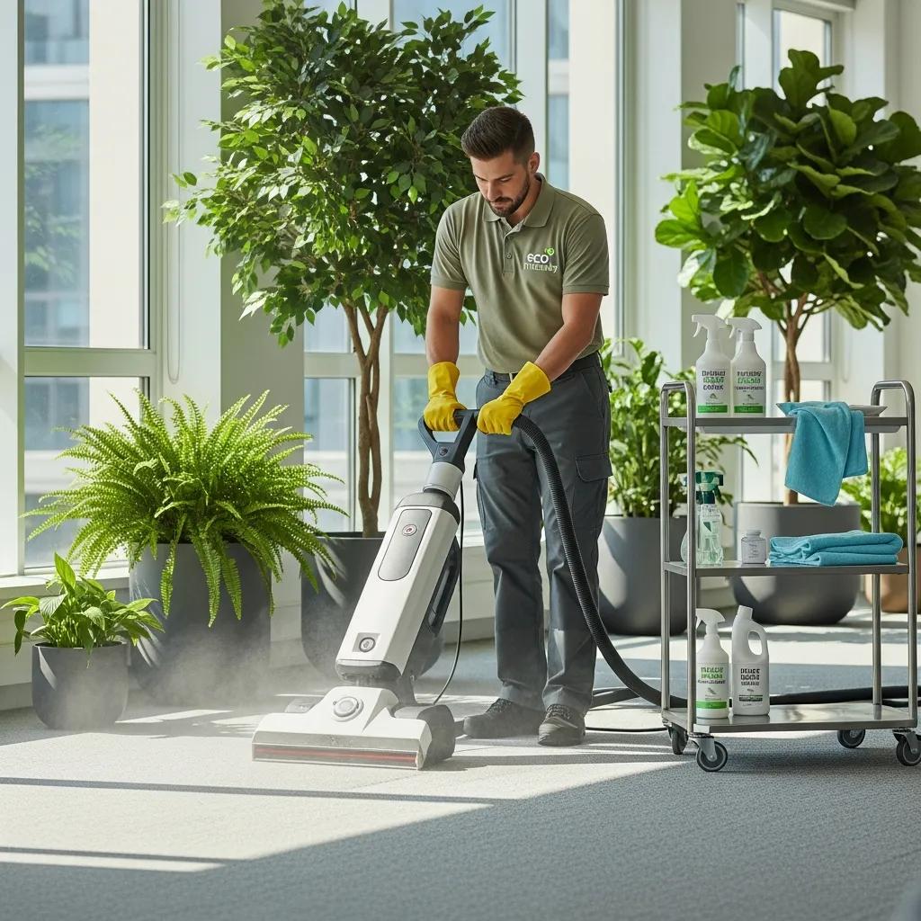 Cleaner using eco-friendly products for carpet maintenance in a sustainable office environment