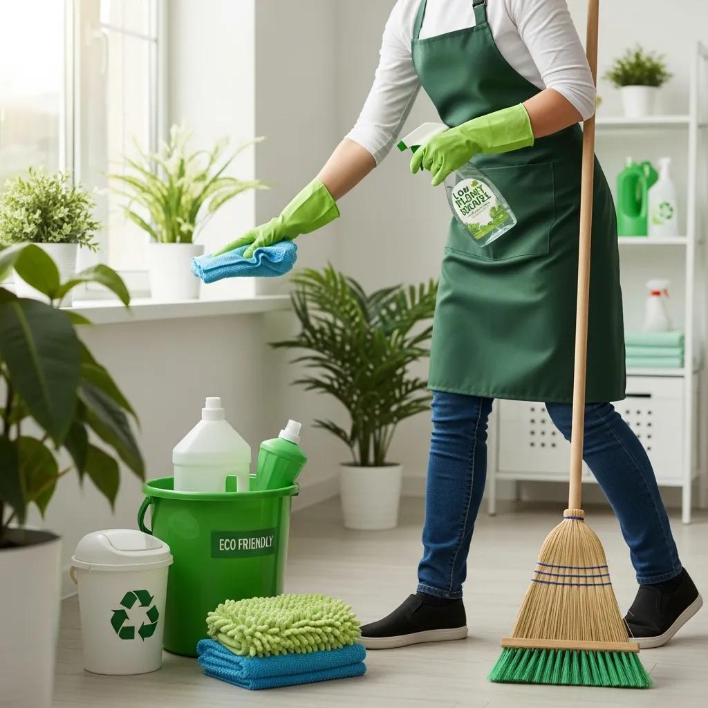 Cleaner applying eco-friendly products in a commercial setting