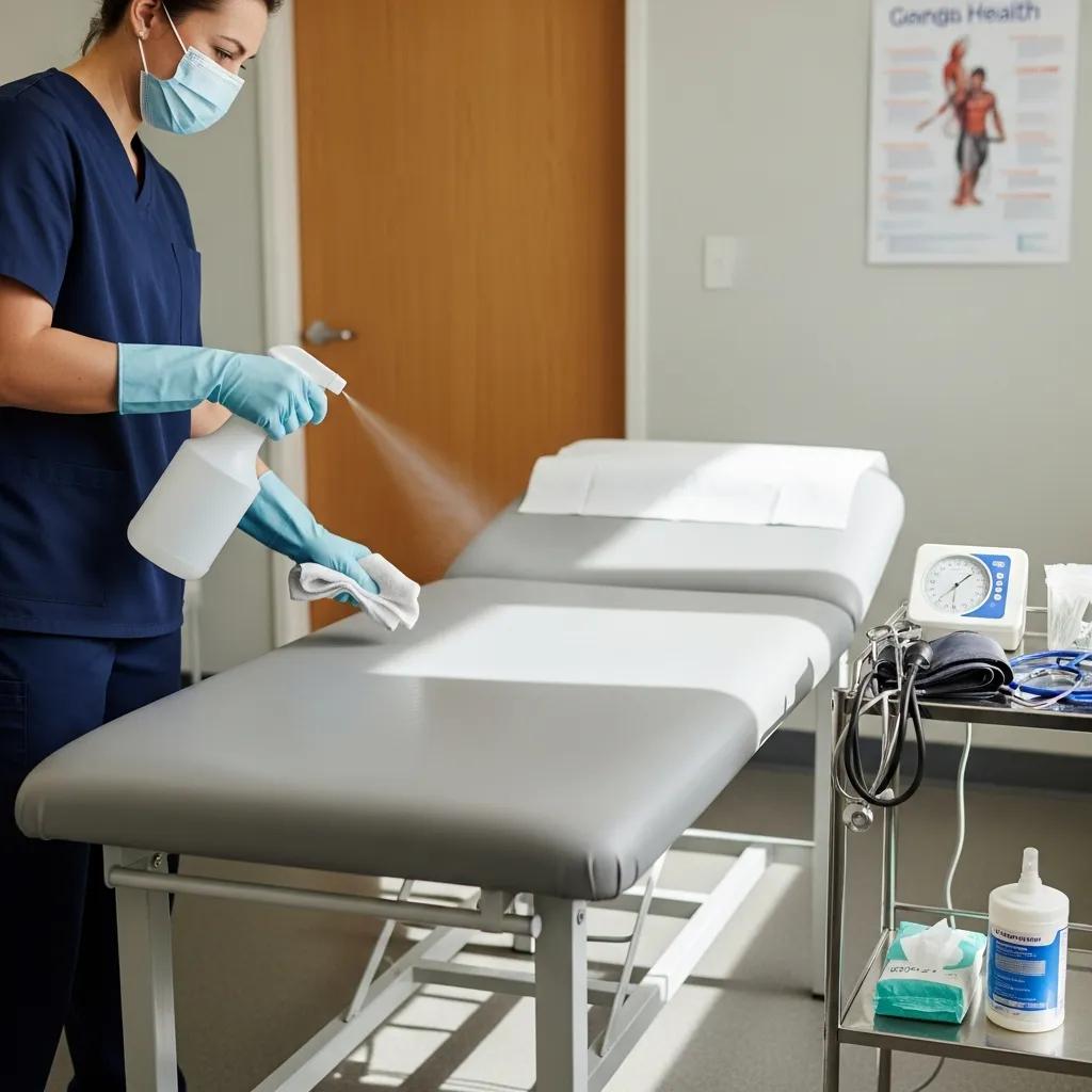 Cleaning professional applying disinfectant on a treatment table, demonstrating cleaning process