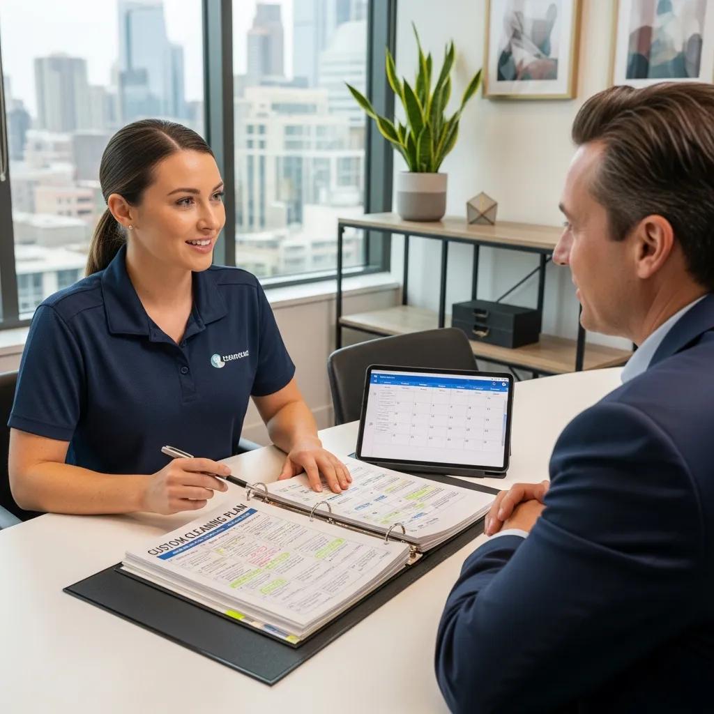 Cleaner and business owner discussing a tailored cleaning plan