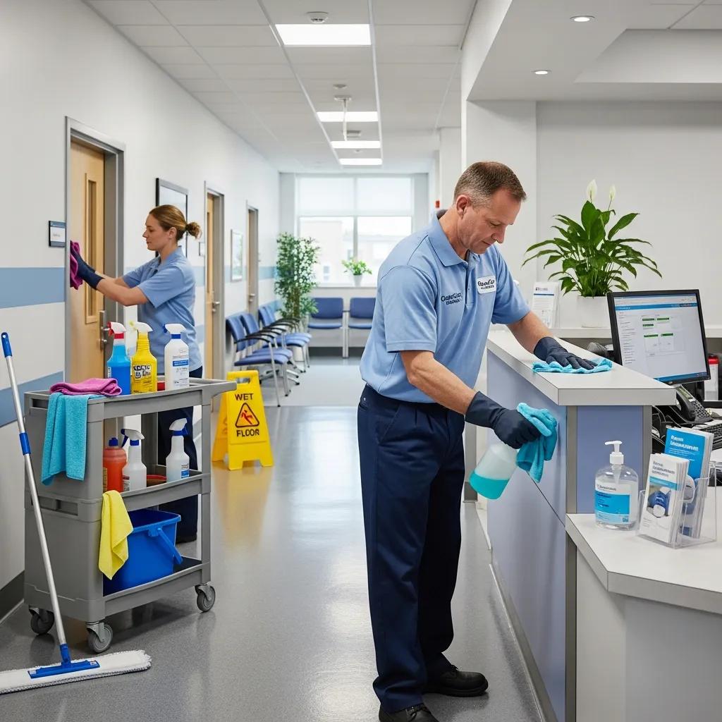 Cleaning professional disinfecting high‑touch surfaces in a clinical treatment area